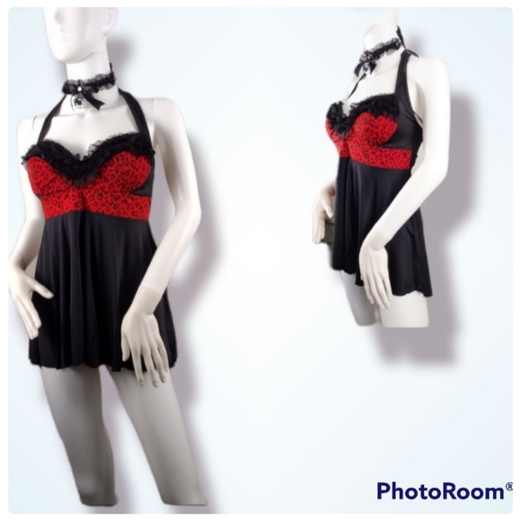 MEDIUM Red leopard print & black babydoll - Picture 9 of 11